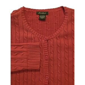 Eddie Bauer Womens XL Cable Knit Cardigan Salmon Cotton Button Front Sweater